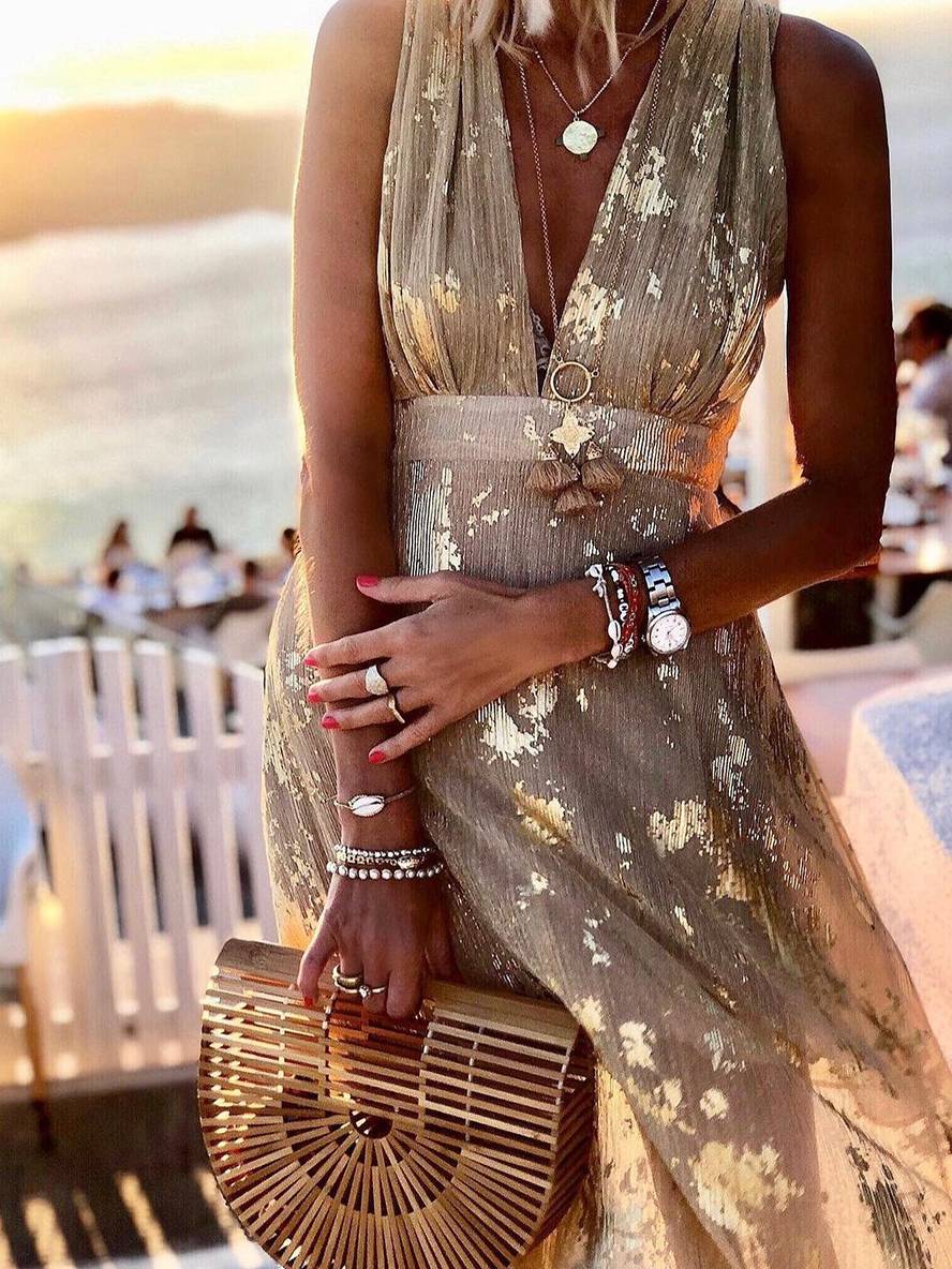 GR | Langes Kleid Bronzage Glänzend Pailletten V-Ausschnitt Ohne Ärmel Elegante Damen Abendkleid Strand