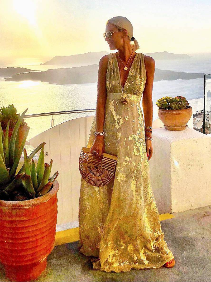 GR | Langes Kleid Bronzage Glänzend Pailletten V-Ausschnitt Ohne Ärmel Elegante Damen Abendkleid Strand
