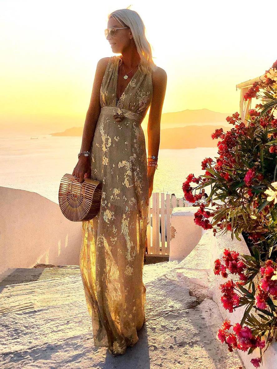 GR | Langes Kleid Bronzage Glänzend Pailletten V-Ausschnitt Ohne Ärmel Elegante Damen Abendkleid Strand