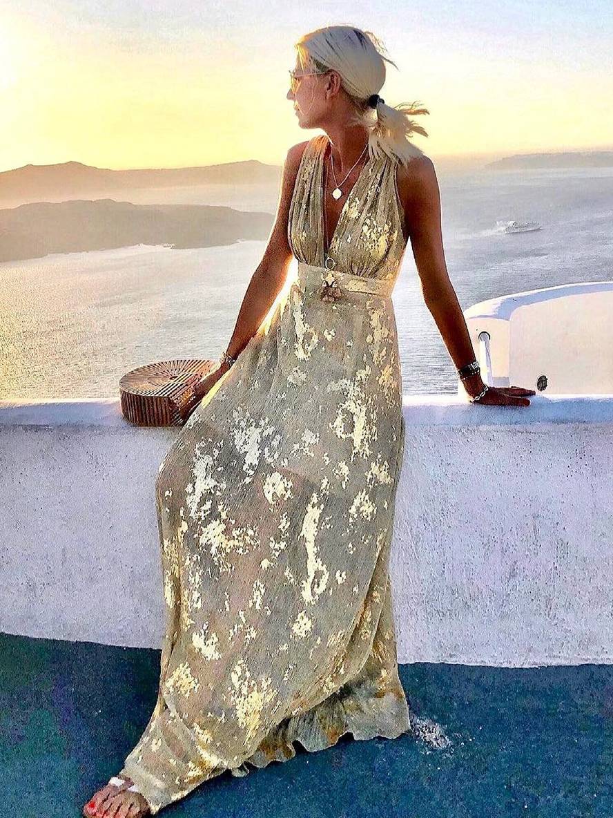 GR | Langes Kleid Bronzage Glänzend Pailletten V-Ausschnitt Ohne Ärmel Elegante Damen Abendkleid Strand