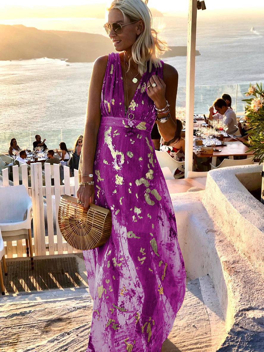 GR | Langes Kleid Bronzage Glänzend Pailletten V-Ausschnitt Ohne Ärmel Elegante Damen Abendkleid Strand