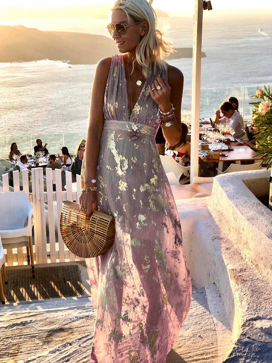 GR | Langes Kleid Bronzage Glänzend Pailletten V-Ausschnitt Ohne Ärmel Elegante Damen Abendkleid Strand