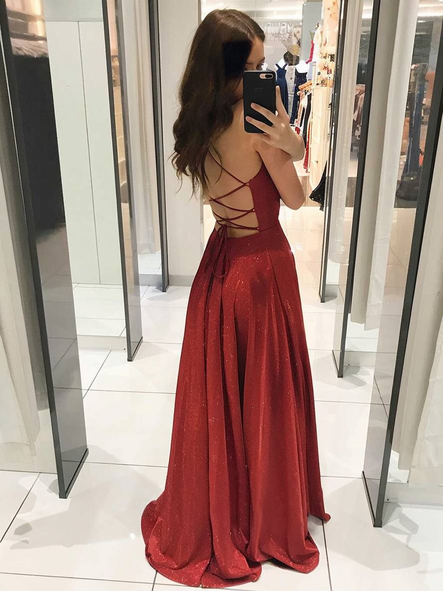 GR | Lange Robe Glänzend Pailletten Tiefer Ausschnitt Fließend Rückenfrei mit Dünnen Trägern Damen Abendkleid