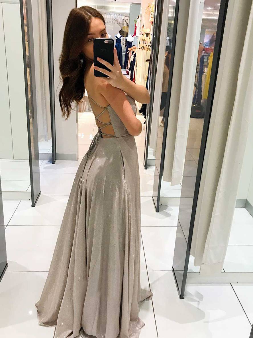 GR | Lange Robe Glänzend Pailletten Tiefer Ausschnitt Fließend Rückenfrei mit Dünnen Trägern Damen Abendkleid