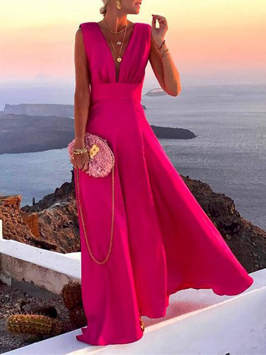 GR | Langes Chiffon Abendkleid Rückenfrei Träger Tiefer Ausschnitt Ärmellos Damen Elegante Mode
