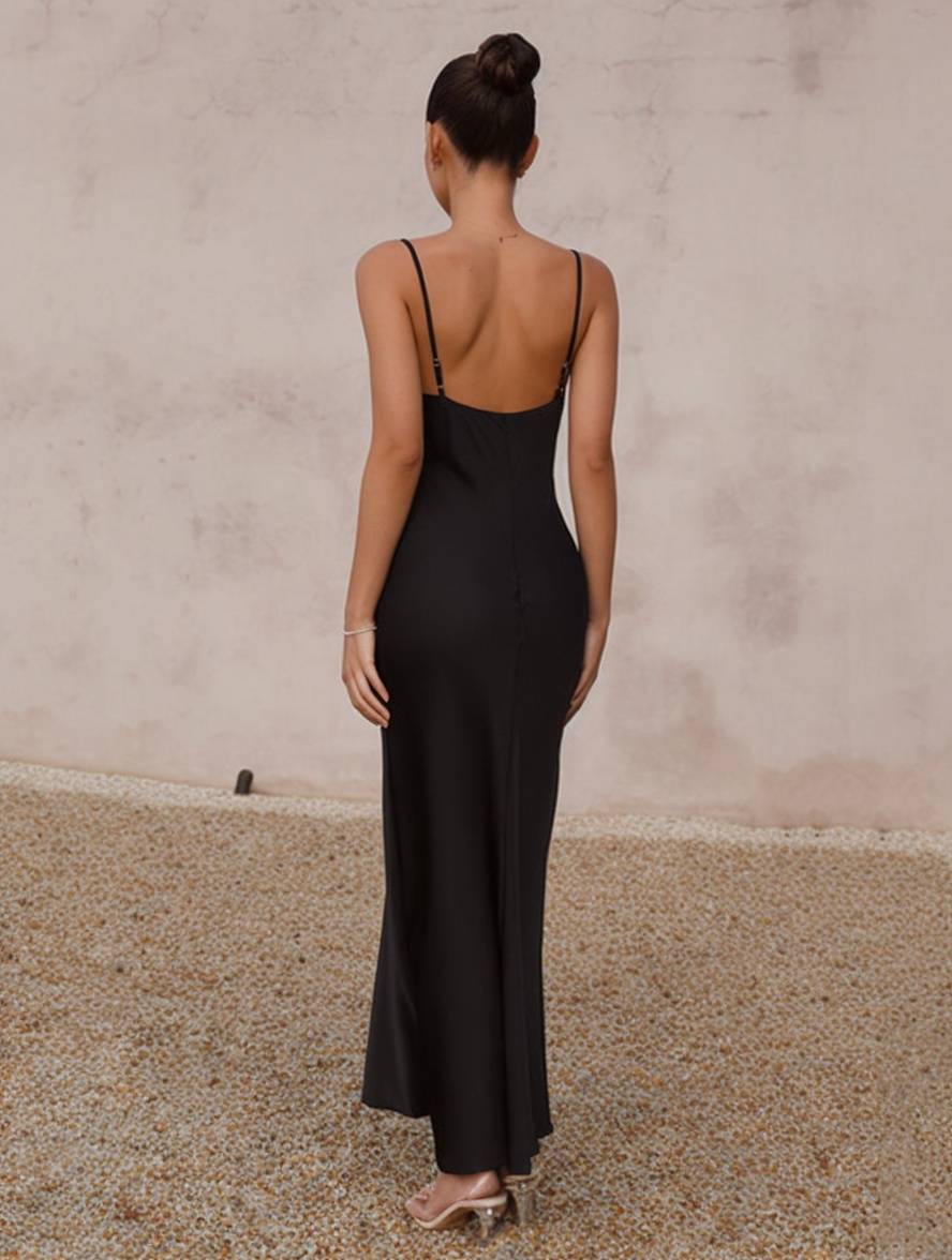 GR | Kleid Brautjungfer Satin Enganliegend Rückenfrei mit Feinen Trägern Elegante Damen Abendgesellschaft Hochzeitsgast