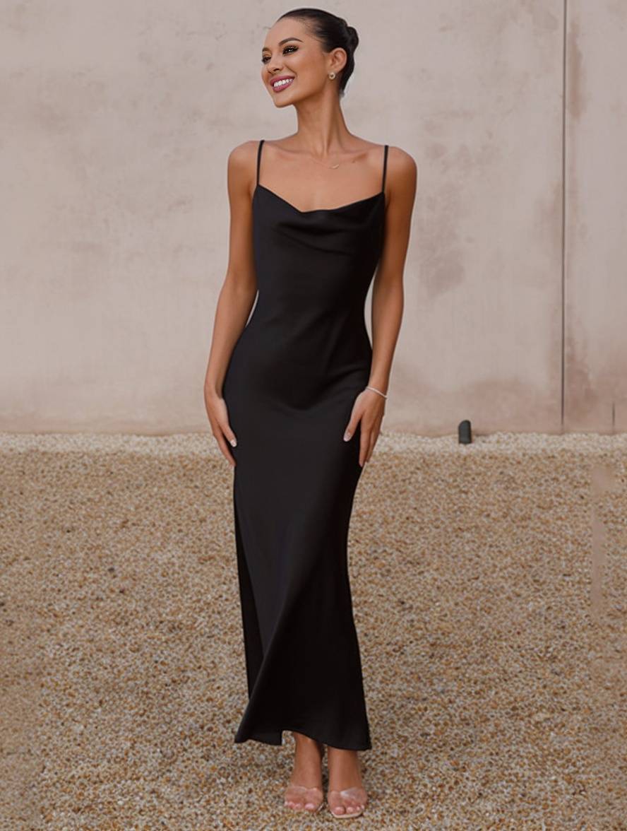 GR | Kleid Brautjungfer Satin Enganliegend Rückenfrei mit Feinen Trägern Elegante Damen Abendgesellschaft Hochzeitsgast