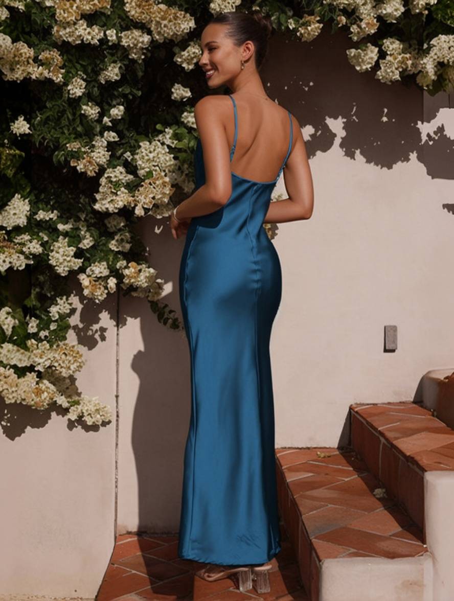 GR | Kleid Brautjungfer Satin Enganliegend Rückenfrei mit Feinen Trägern Elegante Damen Abendgesellschaft Hochzeitsgast