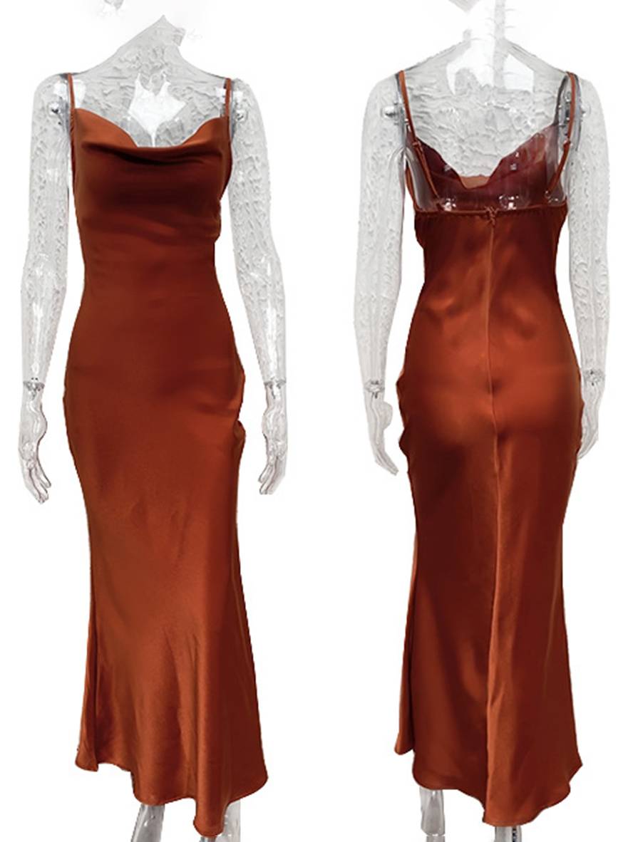 GR | Kleid Brautjungfer Satin Enganliegend Rückenfrei mit Feinen Trägern Elegante Damen Abendgesellschaft Hochzeitsgast