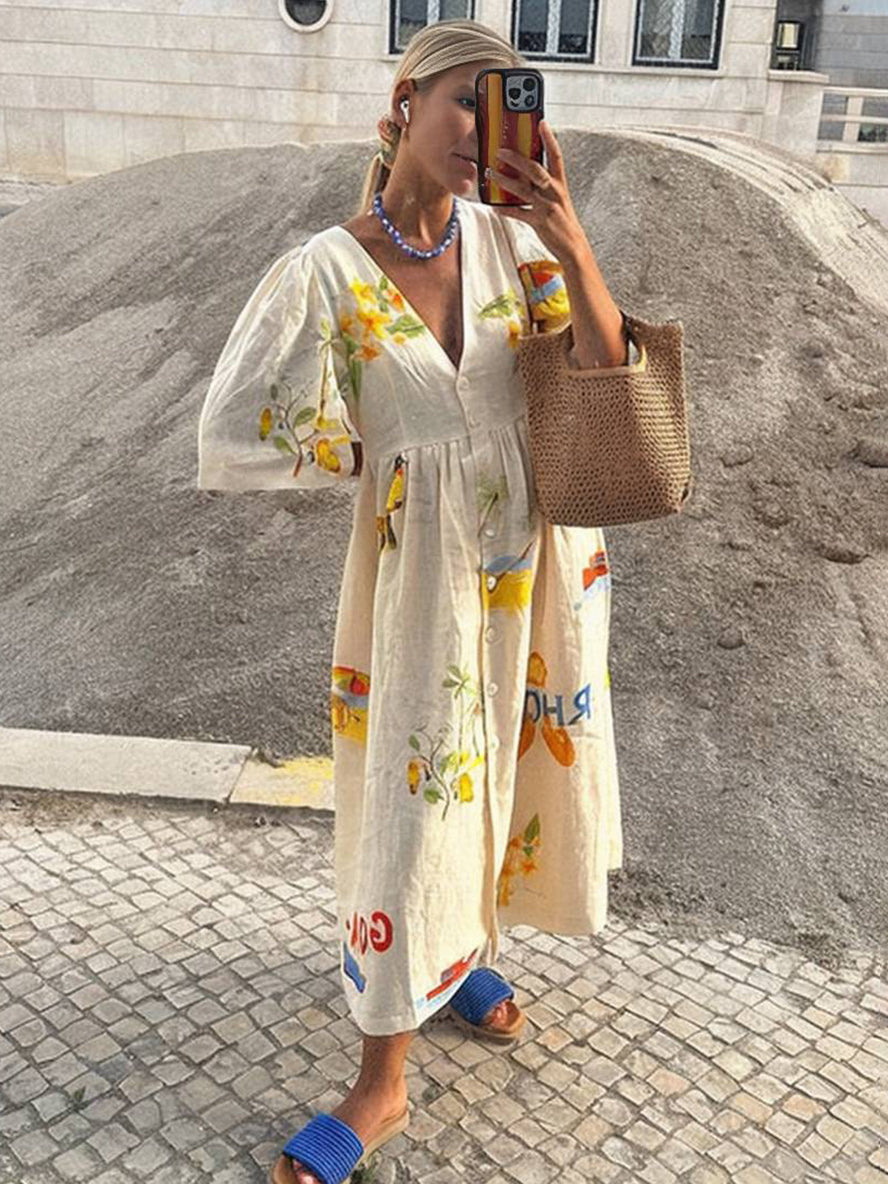 GR | Long dress made of unique printed linen, V-neck, button placket, puff sleeves, short sleeves, women's casual, loose summer dress 