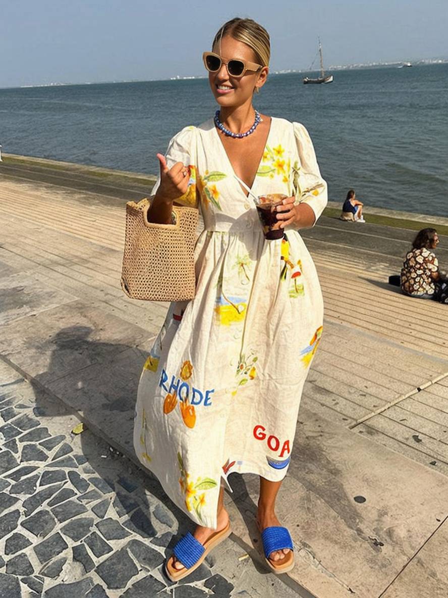 GR | Long dress made of unique printed linen, V-neck, button placket, puff sleeves, short sleeves, women's casual, loose summer dress 