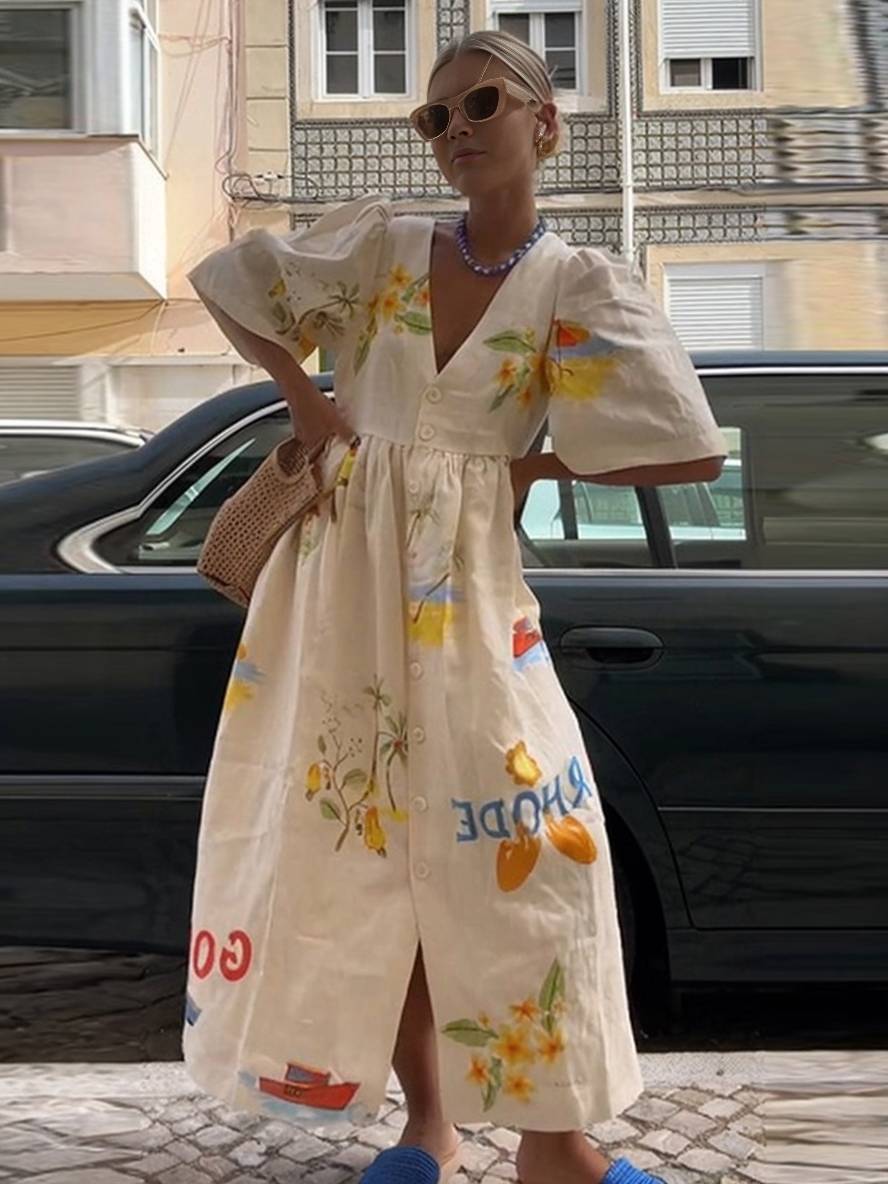 GR | Long dress made of unique printed linen, V-neck, button placket, puff sleeves, short sleeves, women's casual, loose summer dress 