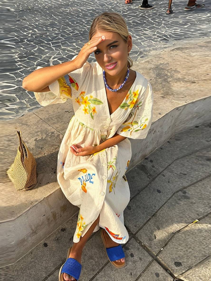 GR | Long dress made of unique printed linen, V-neck, button placket, puff sleeves, short sleeves, women's casual, loose summer dress 