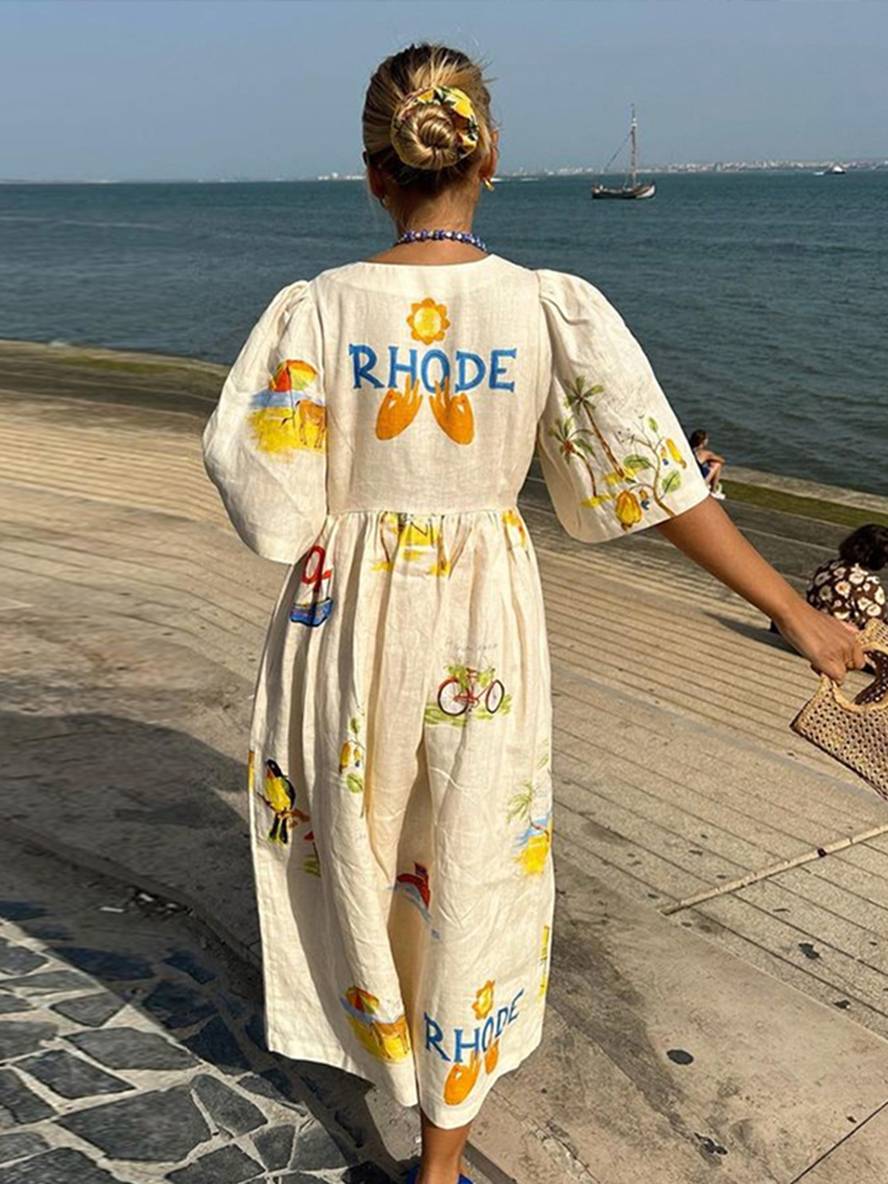 GR | Long dress made of unique printed linen, V-neck, button placket, puff sleeves, short sleeves, women's casual, loose summer dress 