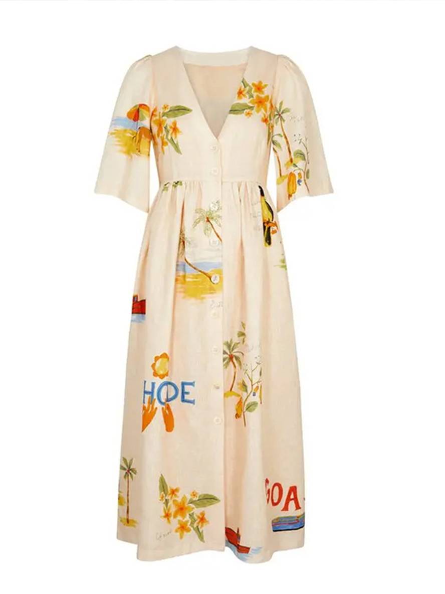 GR | Long dress made of unique printed linen, V-neck, button placket, puff sleeves, short sleeves, women's casual, loose summer dress 