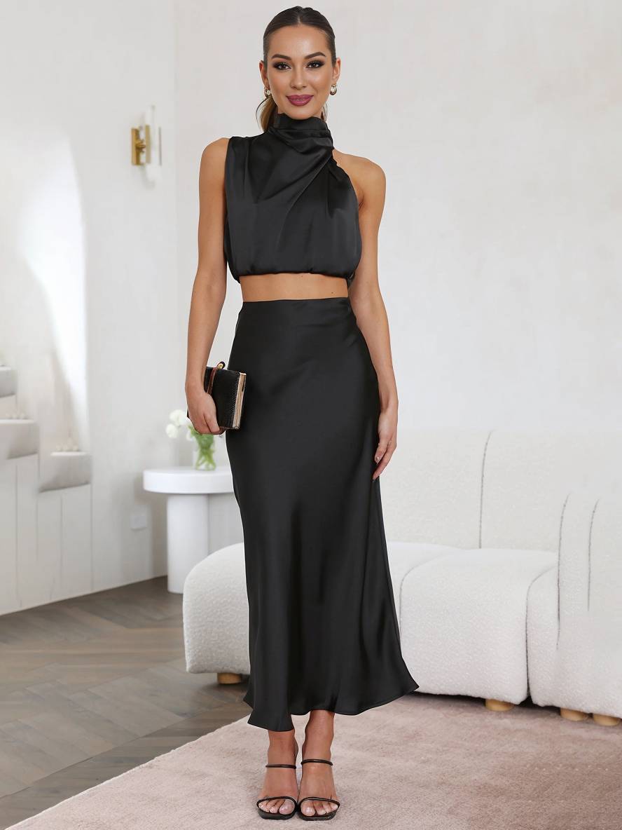GR | Wedding Guest Dress for Women, Halter Neck, Sleeveless, Elegant Evening Two-Piece Bridesmaid Dress 