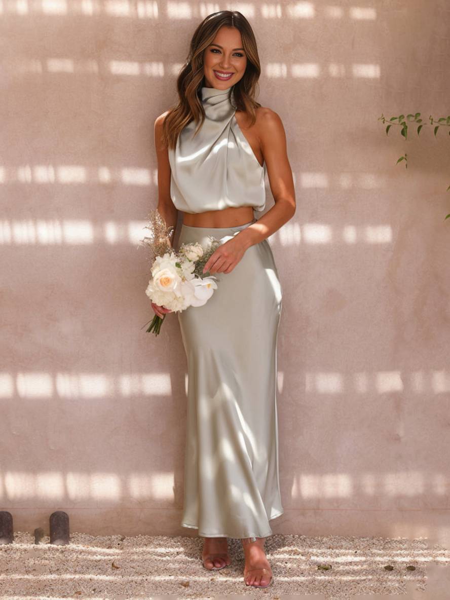 GR | Wedding Guest Dress for Women, Halter Neck, Sleeveless, Elegant Evening Two-Piece Bridesmaid Dress 