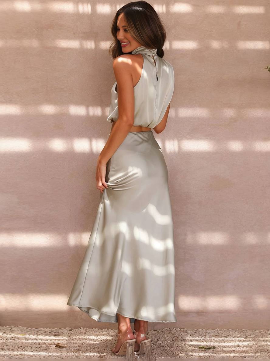 GR | Kleid Gäste Hochzeit Damen Halter Ärmellos Damen Elegante Abend Zweiteilige Brautjungfernkleid