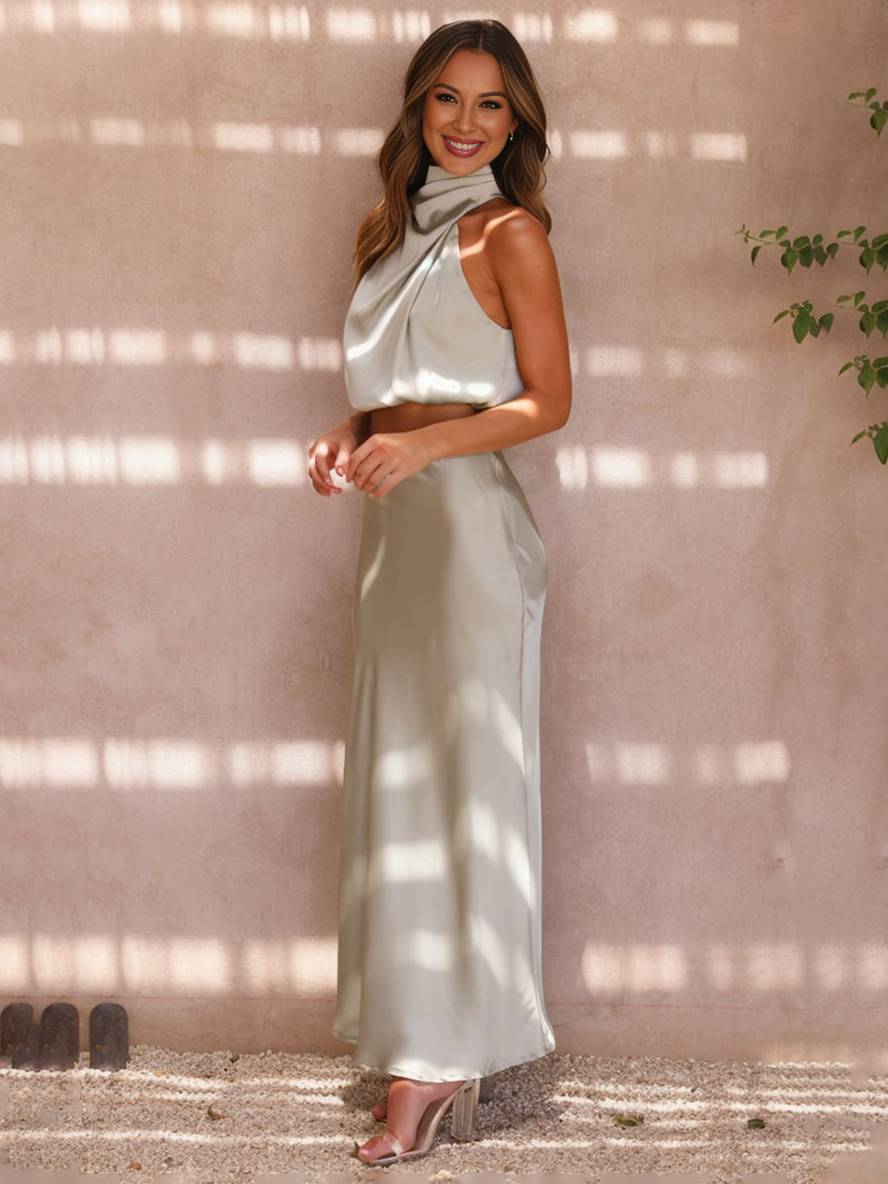 GR | Kleid Gäste Hochzeit Damen Halter Ärmellos Damen Elegante Abend Zweiteilige Brautjungfernkleid