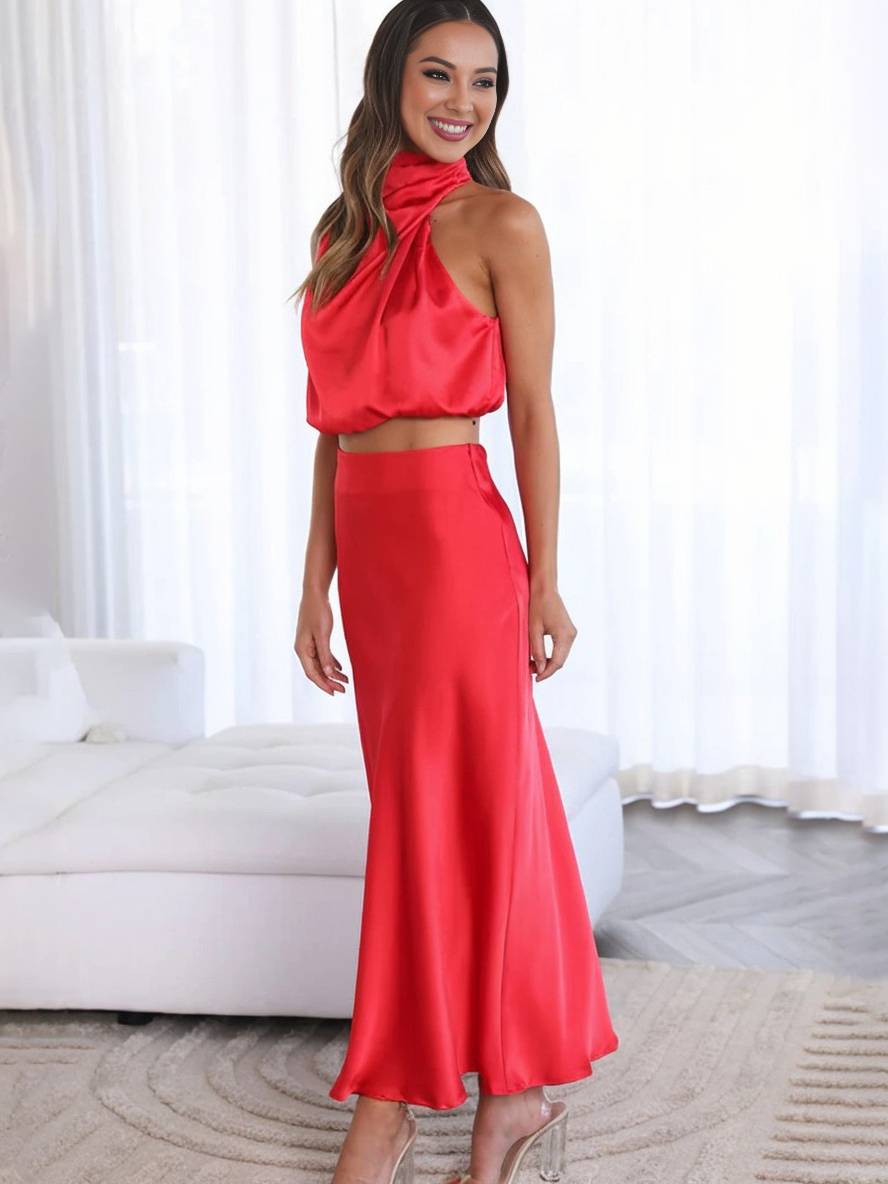 GR | Kleid Gäste Hochzeit Damen Halter Ärmellos Damen Elegante Abend Zweiteilige Brautjungfernkleid