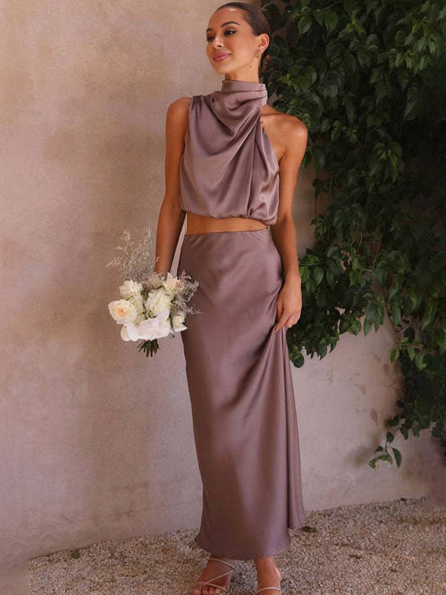GR | Wedding Guest Dress for Women, Halter Neck, Sleeveless, Elegant Evening Two-Piece Bridesmaid Dress 