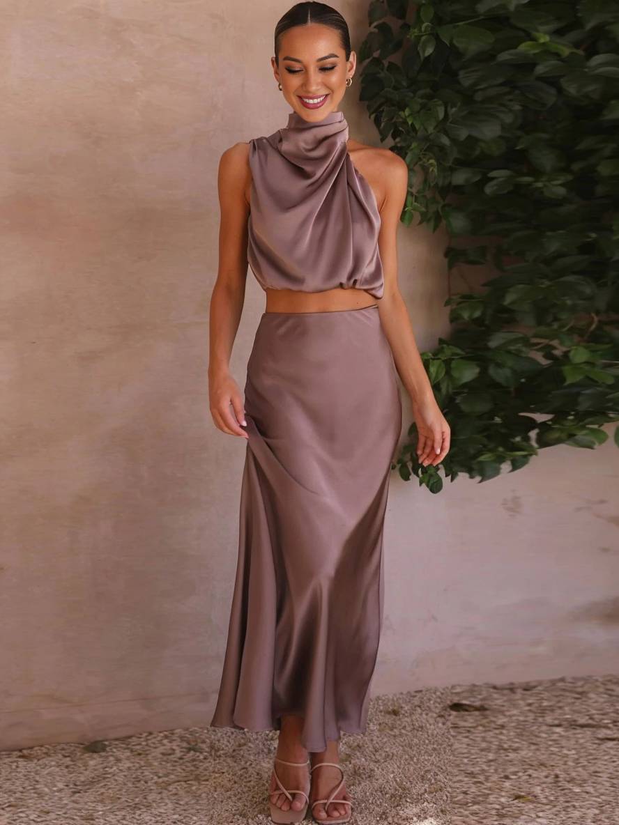 GR | Kleid Gäste Hochzeit Damen Halter Ärmellos Damen Elegante Abend Zweiteilige Brautjungfernkleid