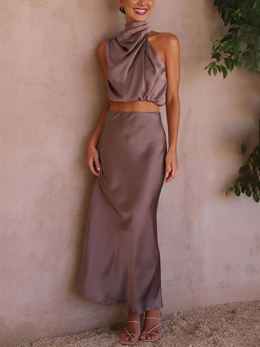 GR | Kleid Gäste Hochzeit Damen Halter Ärmellos Damen Elegante Abend Zweiteilige Brautjungfernkleid