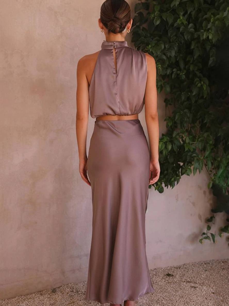 GR | Kleid Gäste Hochzeit Damen Halter Ärmellos Damen Elegante Abend Zweiteilige Brautjungfernkleid