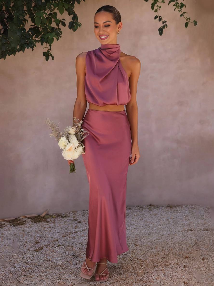 GR | Wedding Guest Dress for Women, Halter Neck, Sleeveless, Elegant Evening Two-Piece Bridesmaid Dress 