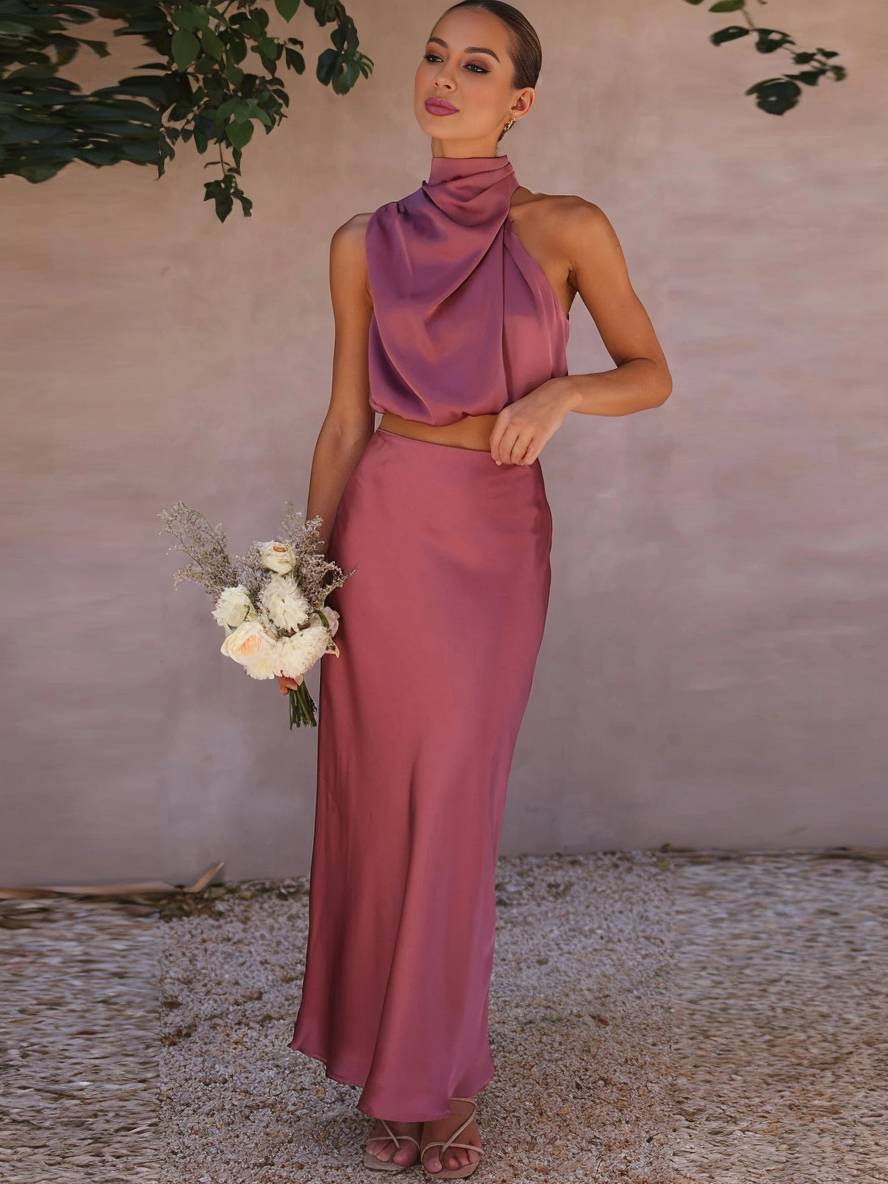 GR | Kleid Gäste Hochzeit Damen Halter Ärmellos Damen Elegante Abend Zweiteilige Brautjungfernkleid