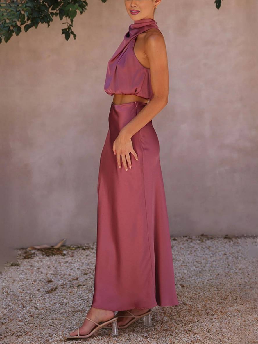 GR | Kleid Gäste Hochzeit Damen Halter Ärmellos Damen Elegante Abend Zweiteilige Brautjungfernkleid