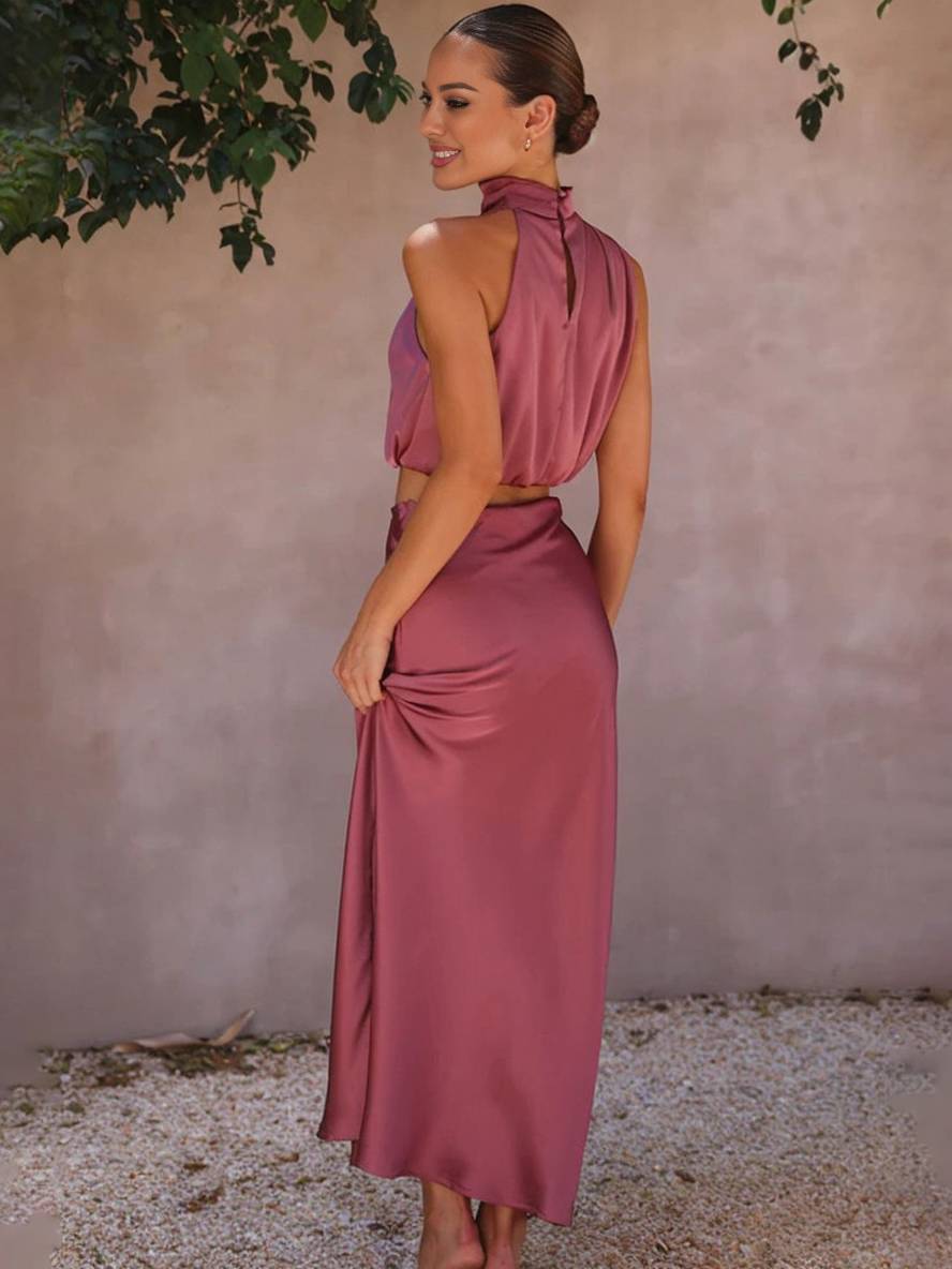 GR | Kleid Gäste Hochzeit Damen Halter Ärmellos Damen Elegante Abend Zweiteilige Brautjungfernkleid