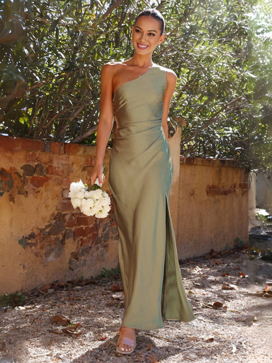 GR | Satin Bridesmaid Dress, Fitted with Side Slit, One Shoulder, Sleeveless, Elegant Evening Dress for Weddings 