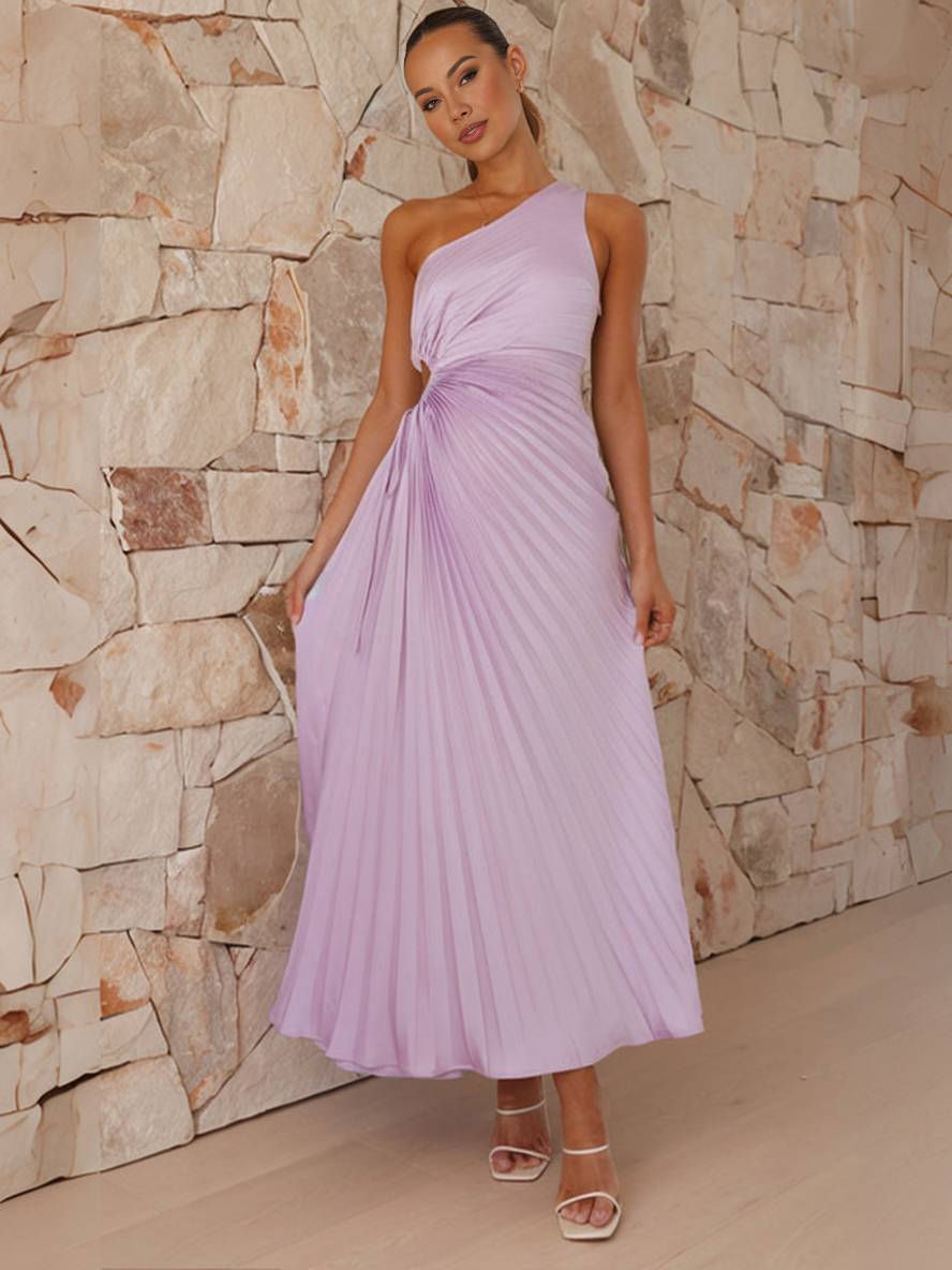 GR | Langes Plissee Trapezkleid Ein Schulter Ohne Ärmel Damen Elegant Ball Prom Gast Hochzeit Cocktail