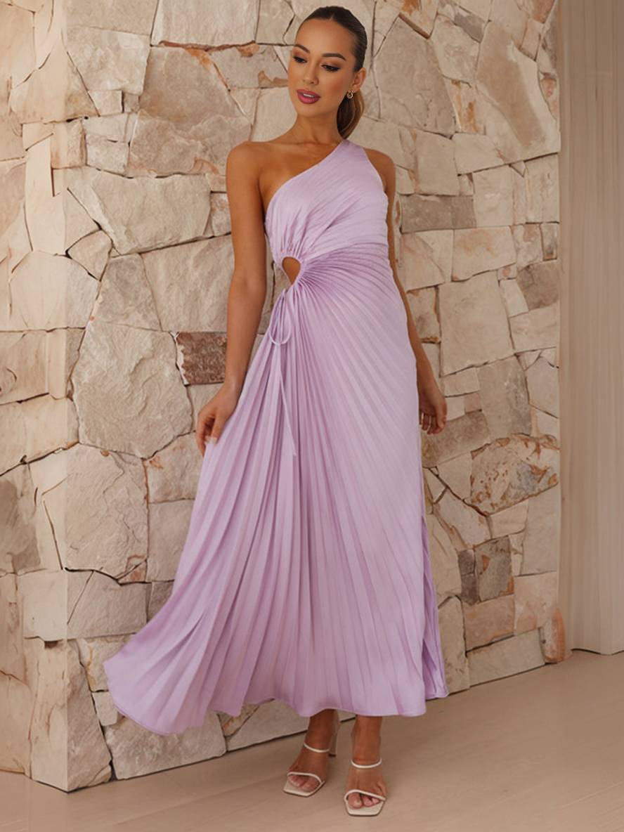 GR | Langes Plissee Trapezkleid Ein Schulter Ohne Ärmel Damen Elegant Ball Prom Gast Hochzeit Cocktail