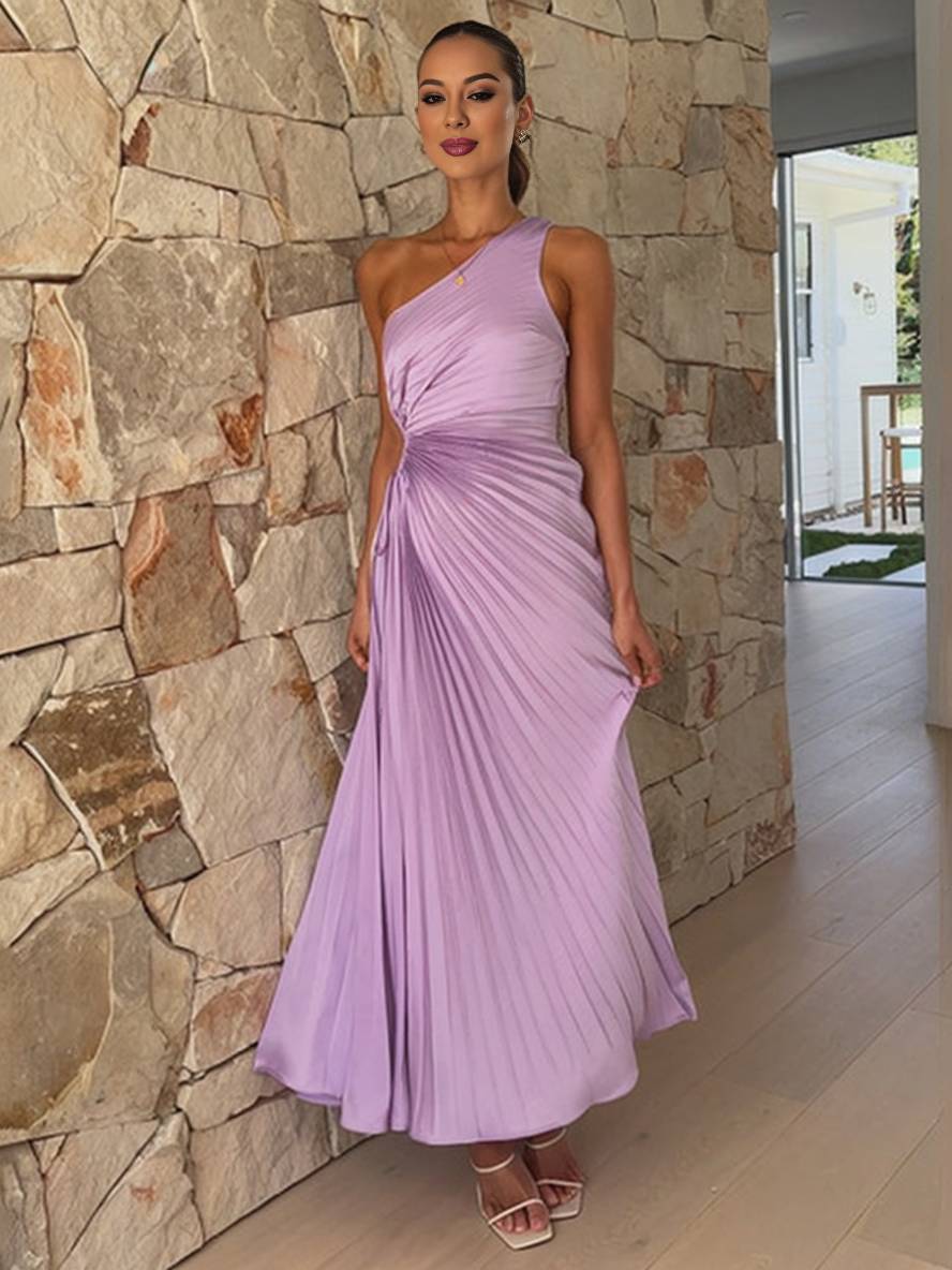 GR | Langes Plissee Trapezkleid Ein Schulter Ohne Ärmel Damen Elegant Ball Prom Gast Hochzeit Cocktail