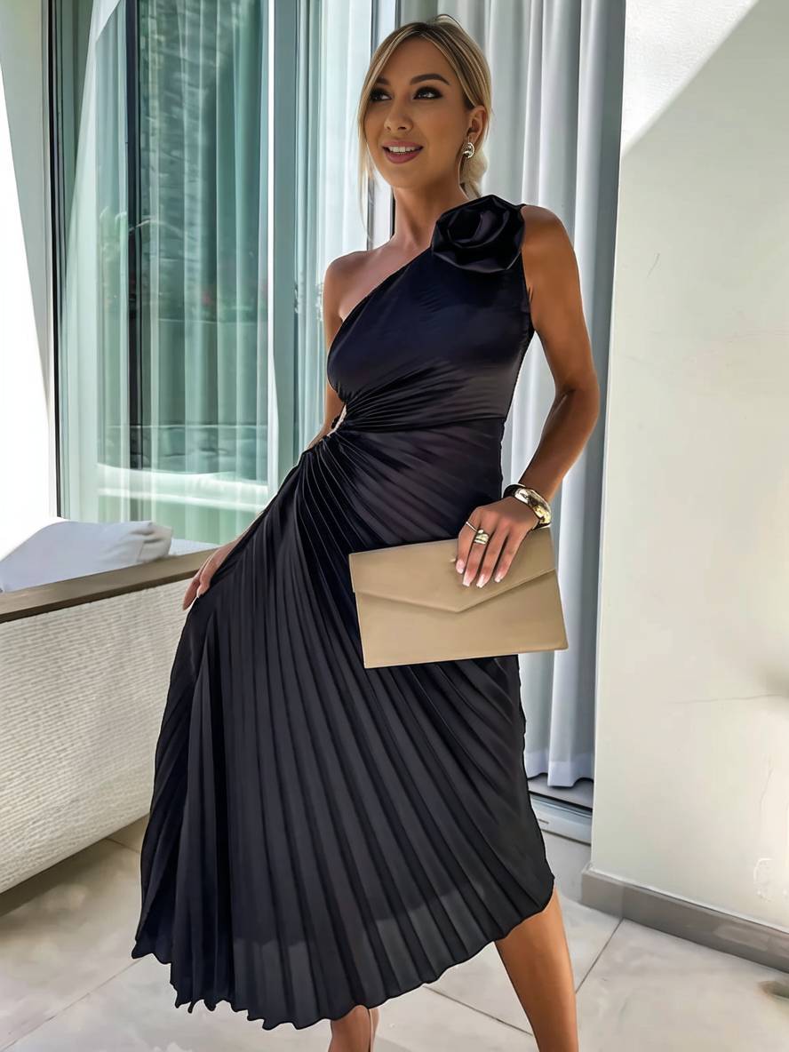 GR | Langes Ein-Schulter Plisseekleid Ärmellos Weiblich Elegant Casual Prom Strand