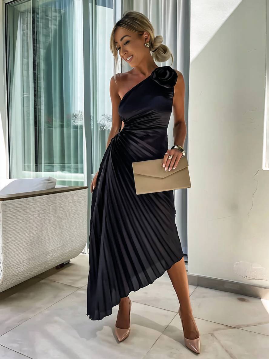 GR | Langes Ein-Schulter Plisseekleid Ärmellos Weiblich Elegant Casual Prom Strand