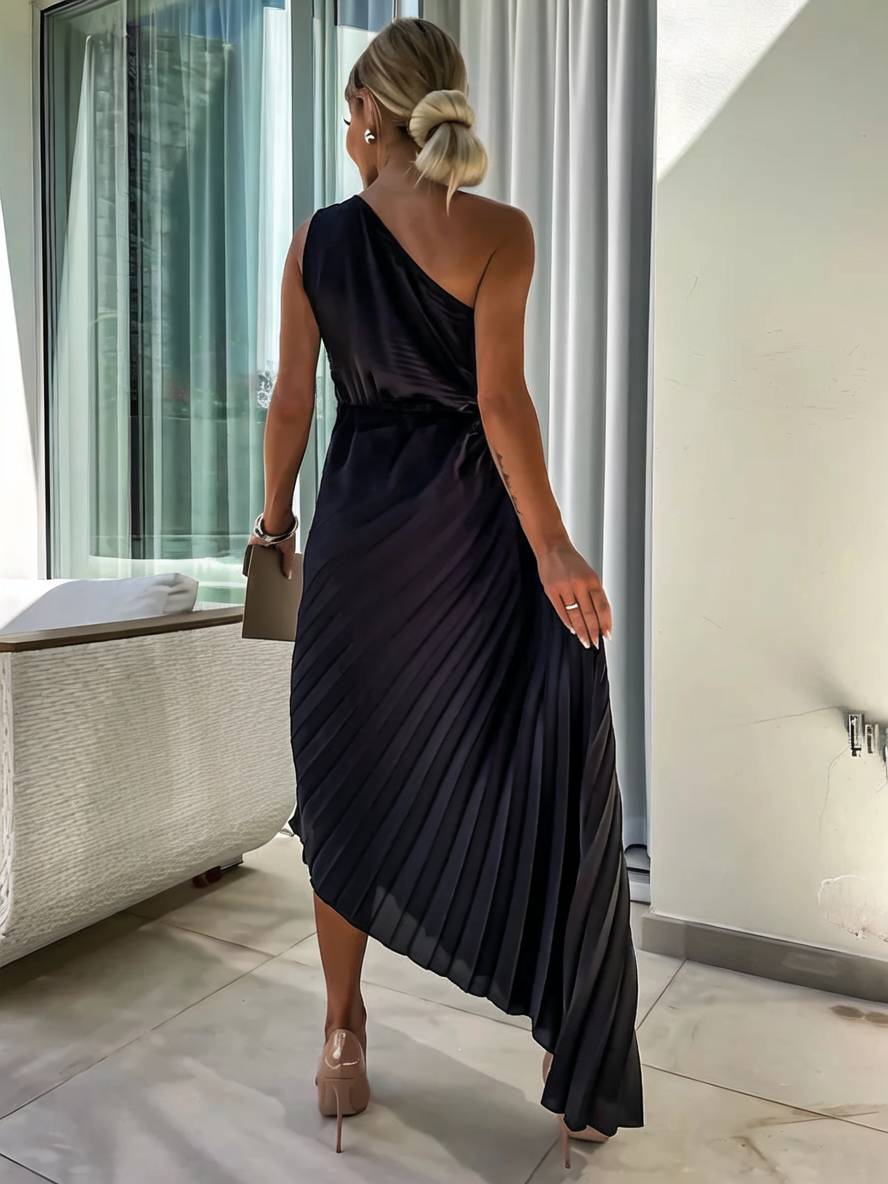 GR | Langes Ein-Schulter Plisseekleid Ärmellos Weiblich Elegant Casual Prom Strand