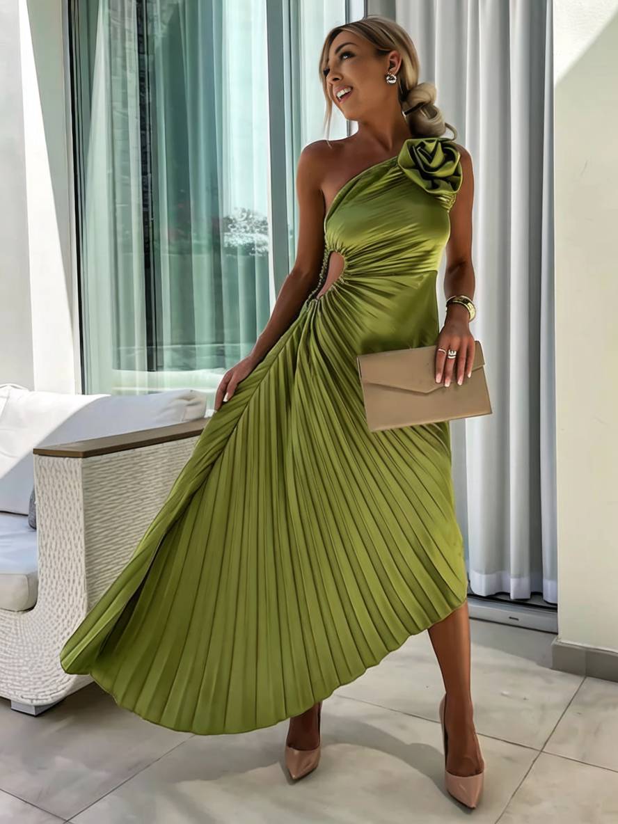 GR | Langes Ein-Schulter Plisseekleid Ärmellos Weiblich Elegant Casual Prom Strand