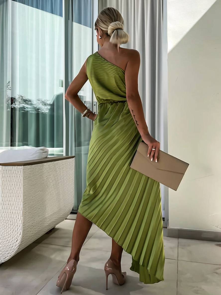 GR | Langes Ein-Schulter Plisseekleid Ärmellos Weiblich Elegant Casual Prom Strand