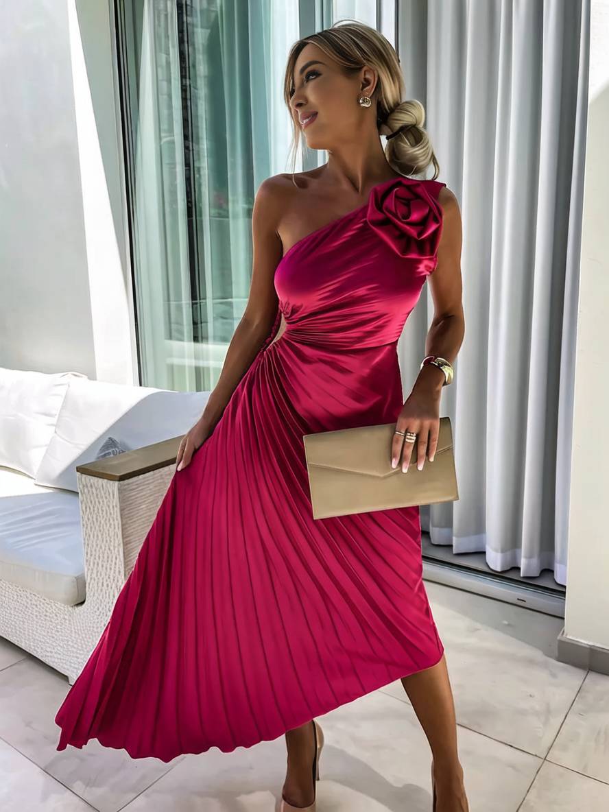 GR | Langes Ein-Schulter Plisseekleid Ärmellos Weiblich Elegant Casual Prom Strand