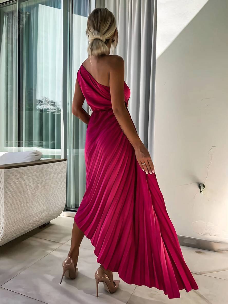 GR | Langes Ein-Schulter Plisseekleid Ärmellos Weiblich Elegant Casual Prom Strand
