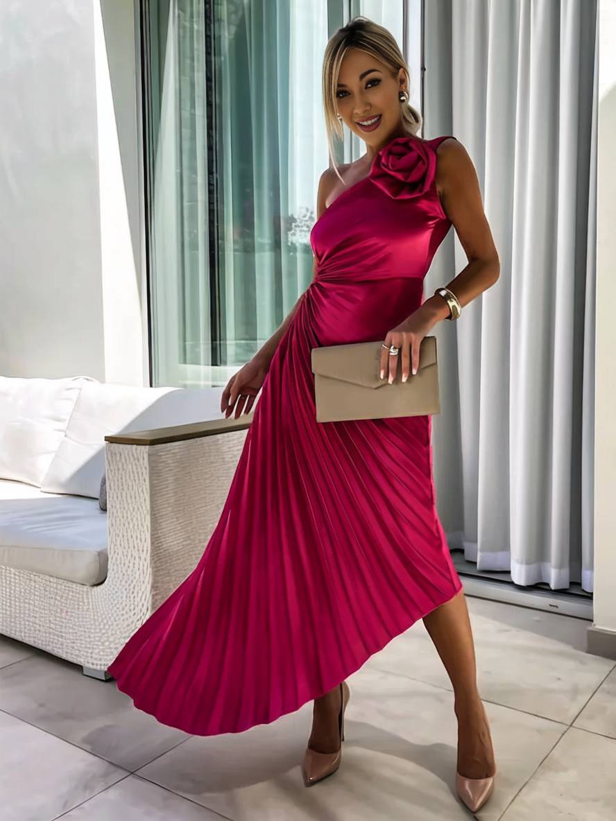 GR | Langes Ein-Schulter Plisseekleid Ärmellos Weiblich Elegant Casual Prom Strand