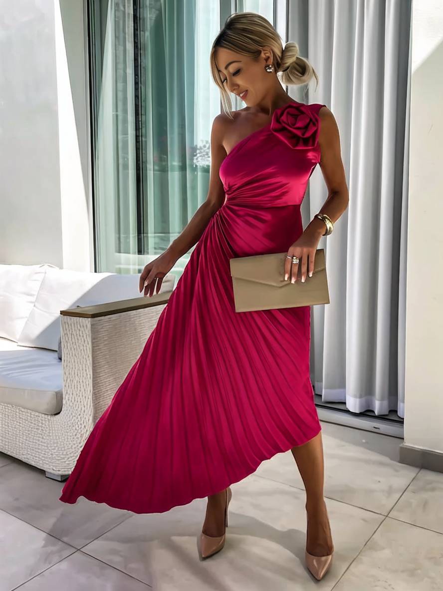 GR | Langes Ein-Schulter Plisseekleid Ärmellos Weiblich Elegant Casual Prom Strand