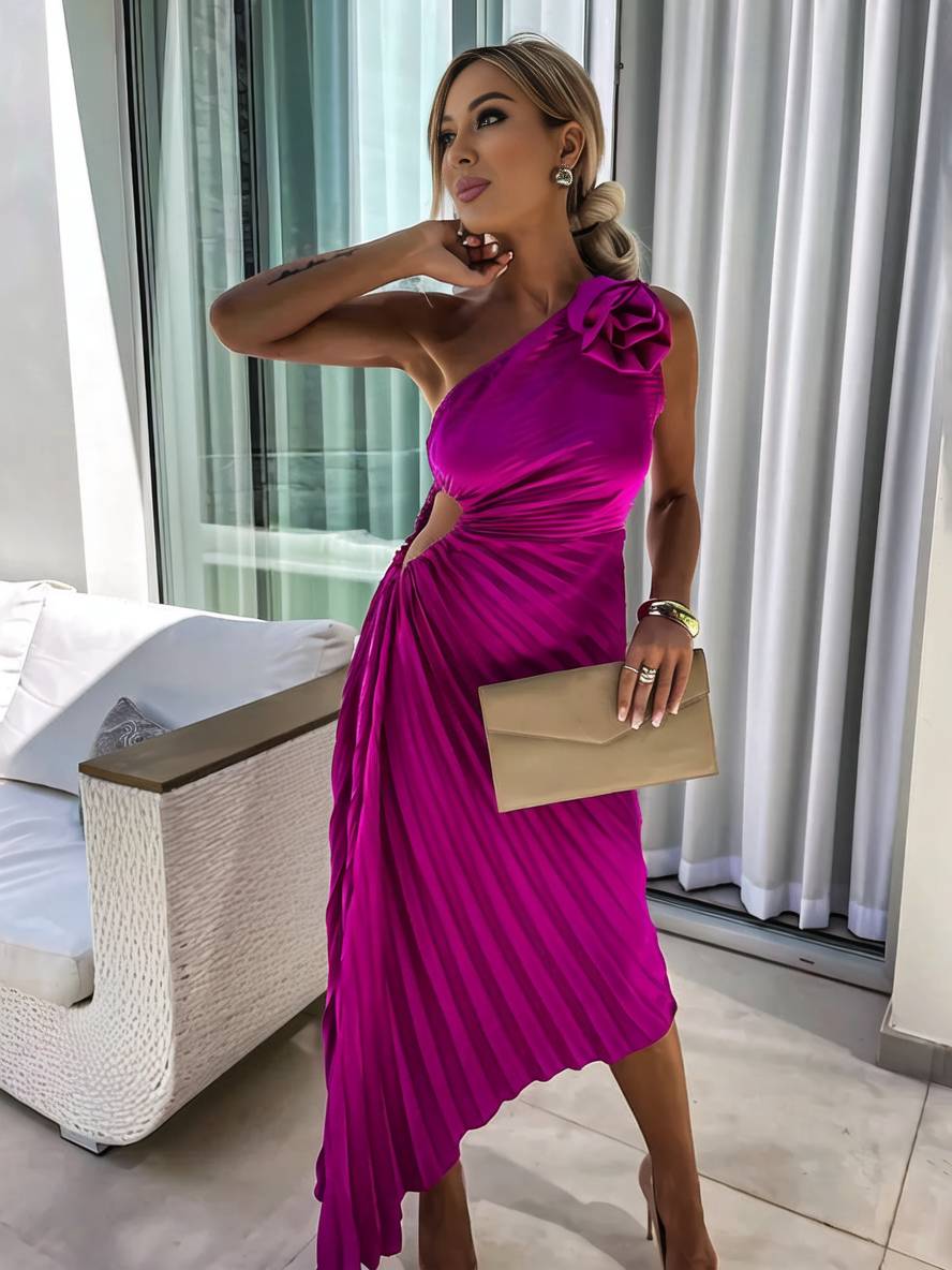 GR | Langes Ein-Schulter Plisseekleid Ärmellos Weiblich Elegant Casual Prom Strand