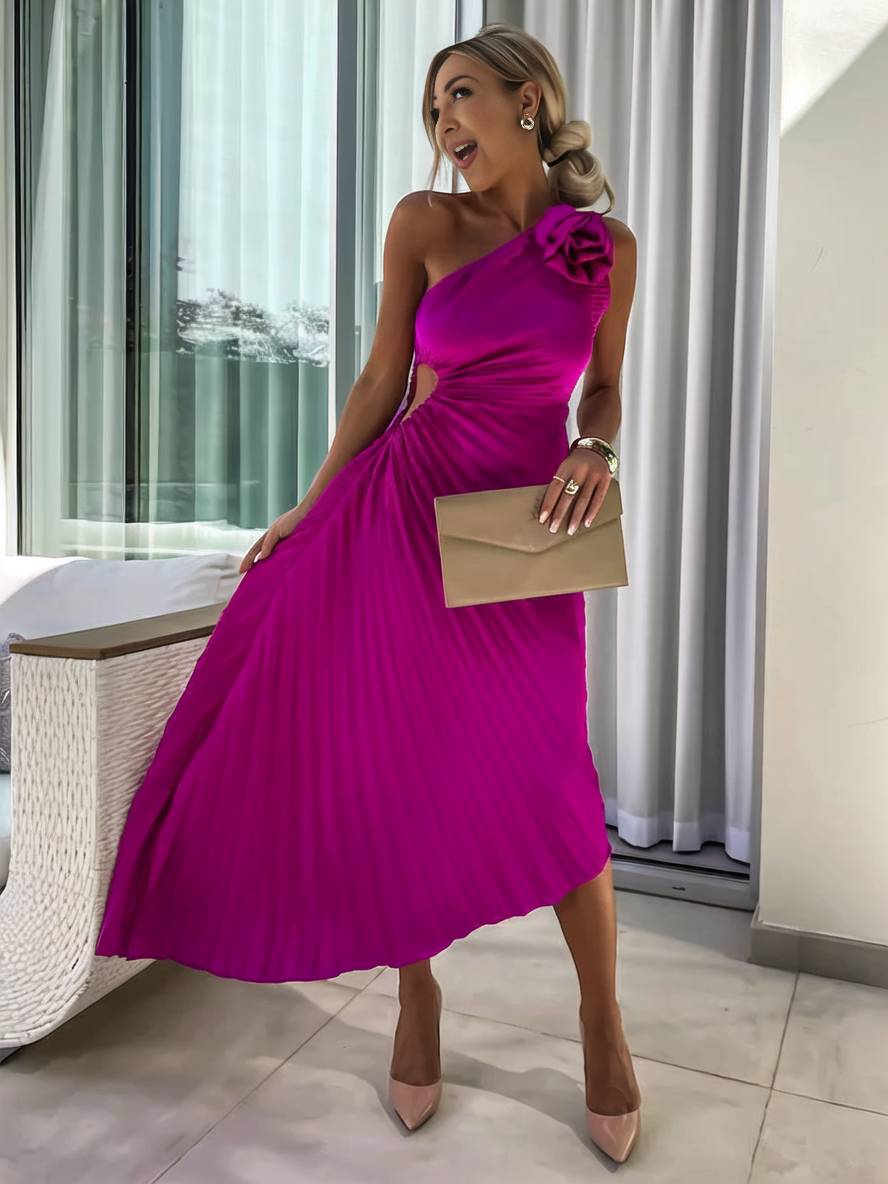 GR | Langes Ein-Schulter Plisseekleid Ärmellos Weiblich Elegant Casual Prom Strand