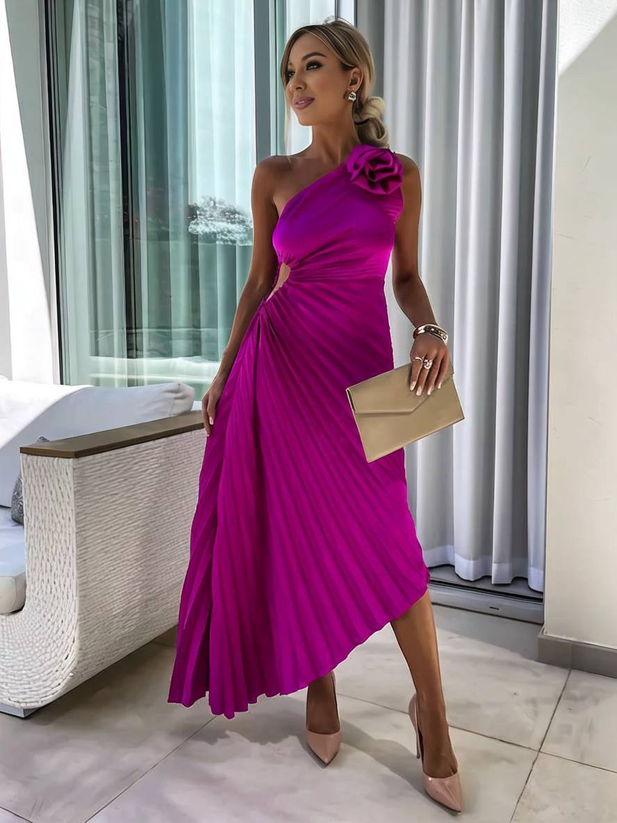 GR | Langes Ein-Schulter Plisseekleid Ärmellos Weiblich Elegant Casual Prom Strand