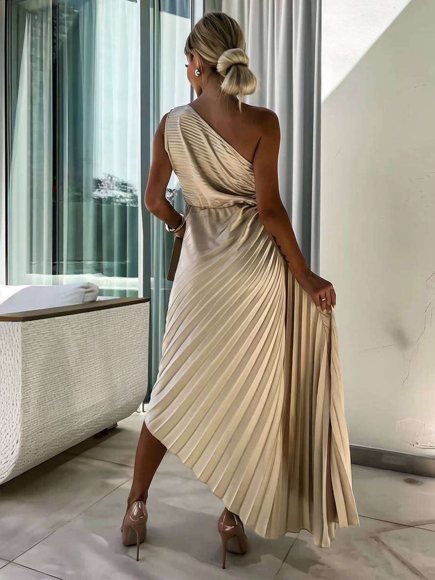 GR | Langes Ein-Schulter Plisseekleid Ärmellos Weiblich Elegant Casual Prom Strand