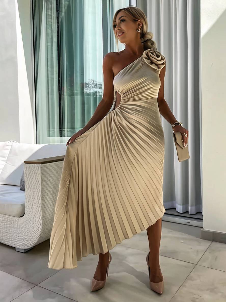 GR | Langes Ein-Schulter Plisseekleid Ärmellos Weiblich Elegant Casual Prom Strand